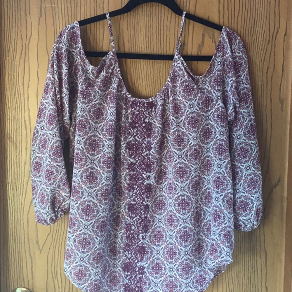 purple and red cut shoulder blouse